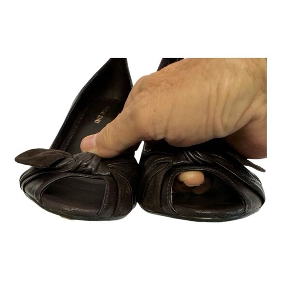 Gianni Bini Brown Leather Peep Toe Heels with Bow Detail - Women's Shoes - Picture 10 of 14